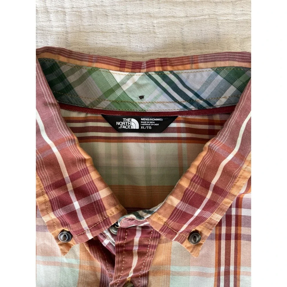 North‎ Face Mens XL Short Sleeve Button Down Shirt Plaid Red Orange Cotton